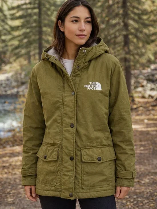 The North Face Olive Green Fleece-Lined Hooded Utility Jacket Snap Front Coat - Picture 2 of 3